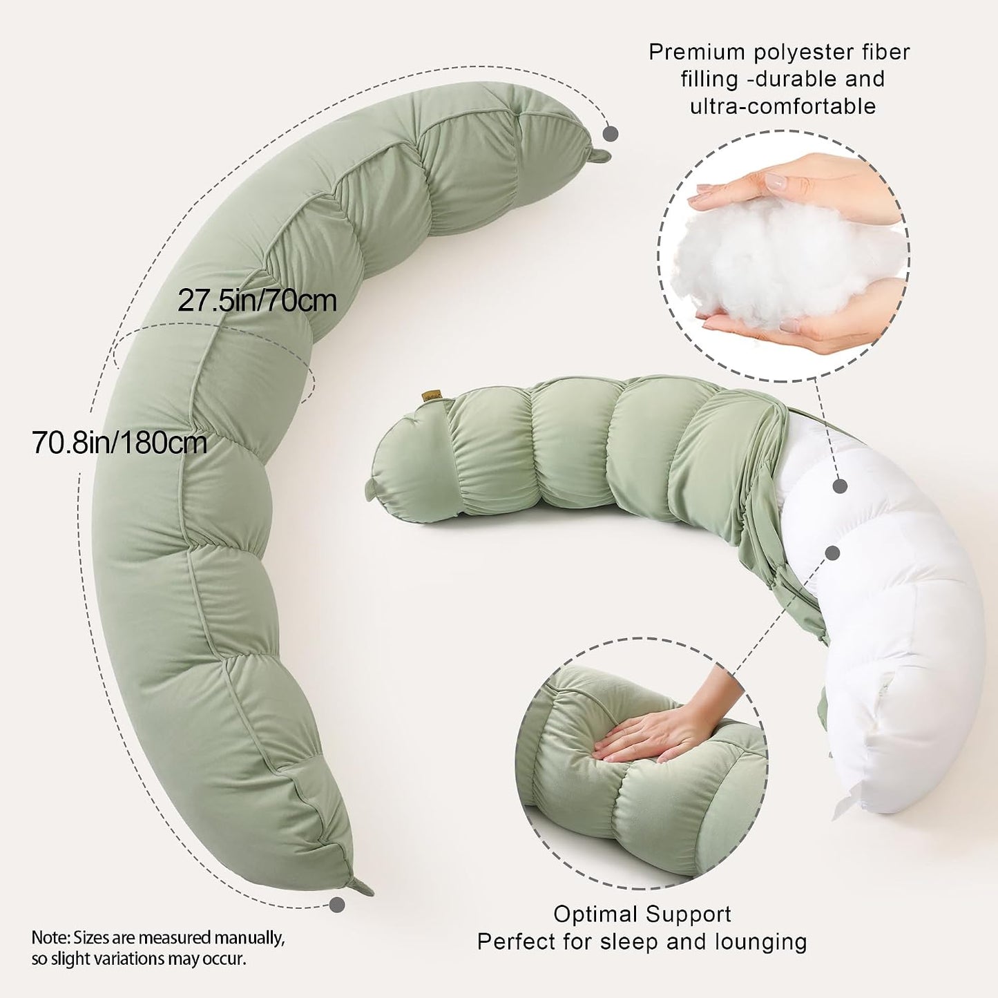 Peallow(Pat. Pend) – Long Round Body Pillow for Adults, Bolster Pillow for Sleeping, Soft and Supportive Pillow for Sleeping & Lumbar Support (Green-White, 29.5")