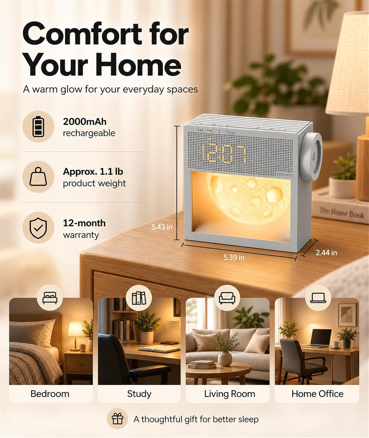 Rechargeable Sunrise Alarm Clock with Sound Machine and Night Light