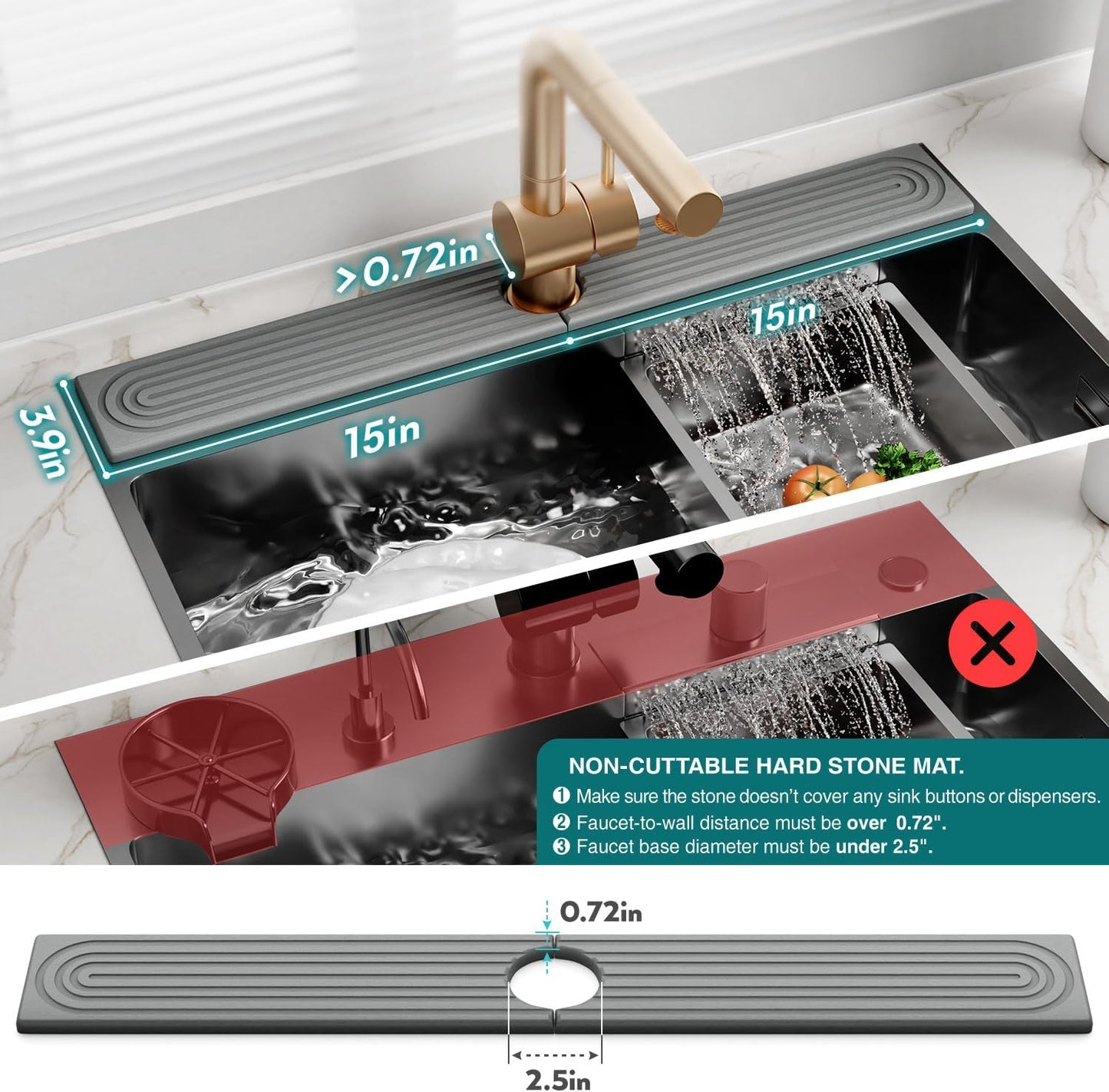 Stone Faucet Mat for Kitchen Sink – Diatomite Drying Stone Mat & Sink Protector, Prevents Moisture – Sink Splash Guard Water-Absorbing Stone Tray for Bathroom Counter (Light Grey, 20" x 3.9")