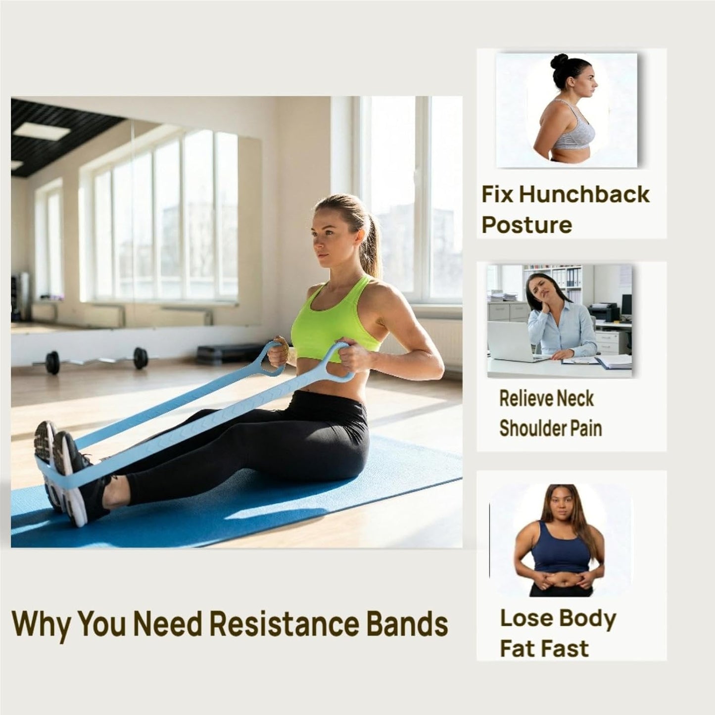 Figure 8 Resistance Band with Handles, Silicone Exercise Elastic Bands for Working Out Home Gym Office Travel, Non-Slip Full Body Arm Back Shoulder Stretch Bands for Yoga Pilates Women