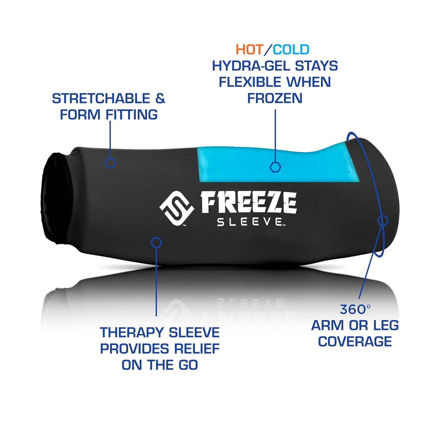 FreezeSleeve Ice and Heat Therapy Sleeve | Reusable Ice Pack Flexible Gel Compression Sleeve for Pain Relief and Recovery of Elbow Knee Ankle Leg Wrist Injuries | Black Large