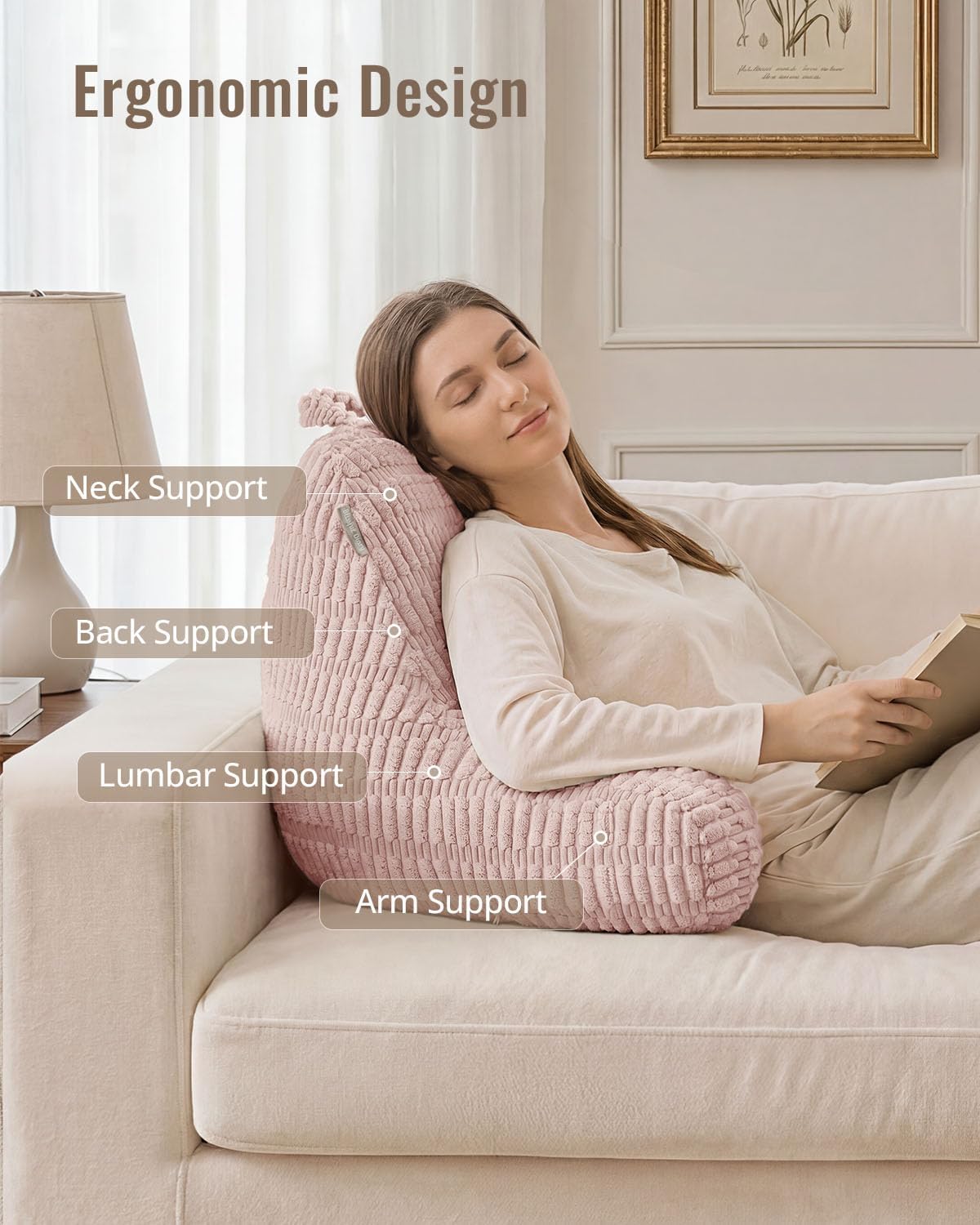 Blissful Diary Reading Pillow, Backrest Pillow with Shredded Memory Foam for Adult & Children, Designed for Bed and Couch Sitting Up, Includes Arms, Pockets and Washable Cover, Off White