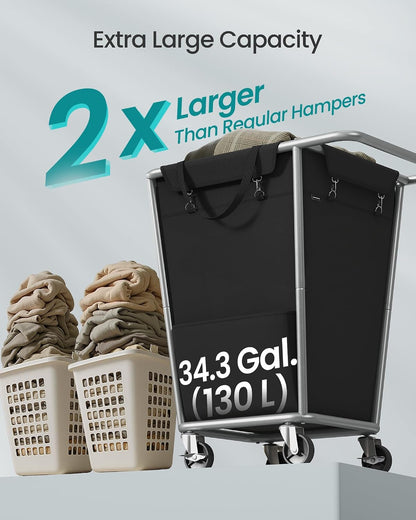 SONGMICS Laundry Basket with Wheels, 3-Section Laundry Sorter, 76.6 Gallons (290 L) Rolling Hamper with Removable Bags, Heavy-Duty Steel Frame, Cream White, Dark Gray and Ink Black URLS010X01