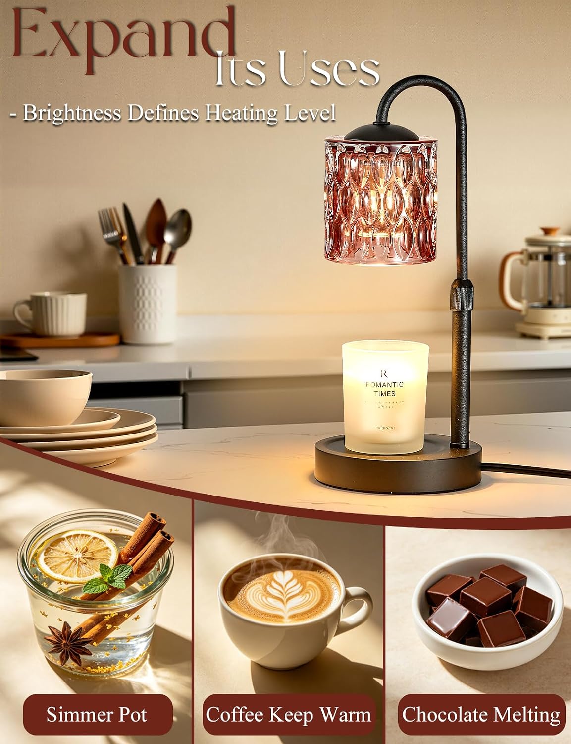 Briever Dimmable Candle Warmer Lamp with Timer, Height Adjustable Electric Candle Wax Warmer, Christmas Birthday Gifts for Women Mom, House Warming Gifts New Home Room Decor, Black Solid Wood Base