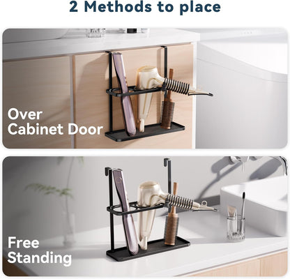 3-in-1 Hair Tool Organizer Holder for Dryer, Straightener & Curling Iron - Mounts on Cabinet Door&Tabletop, Black