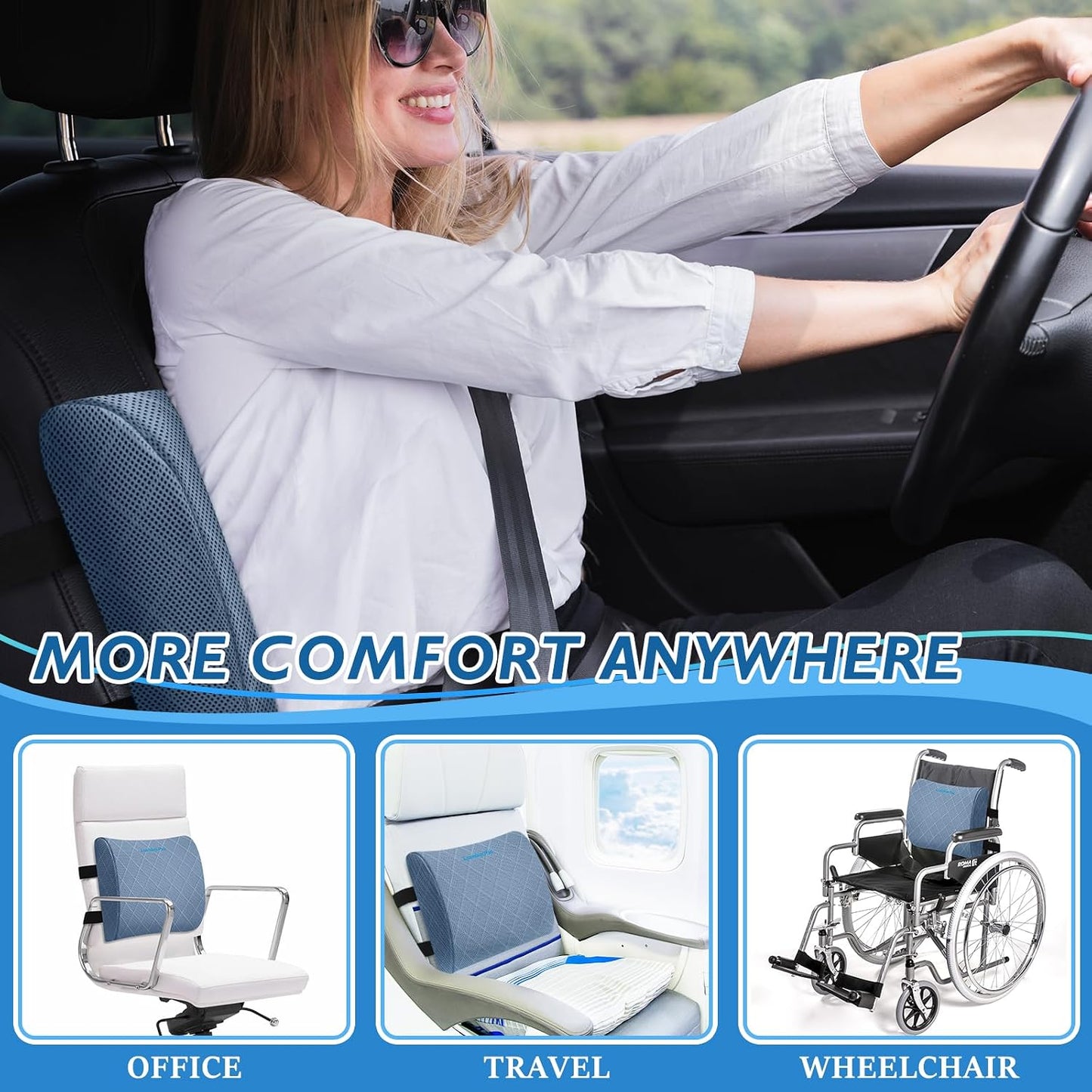 Lumbar Support Pillow for Office Chair, Back Support, Memory Foam, Grey | Improve Sitting Posture & Back Pain Relief. Lumbar Pillow Fits Office, Gaming & Car Chairs with Adjustable Dual Straps