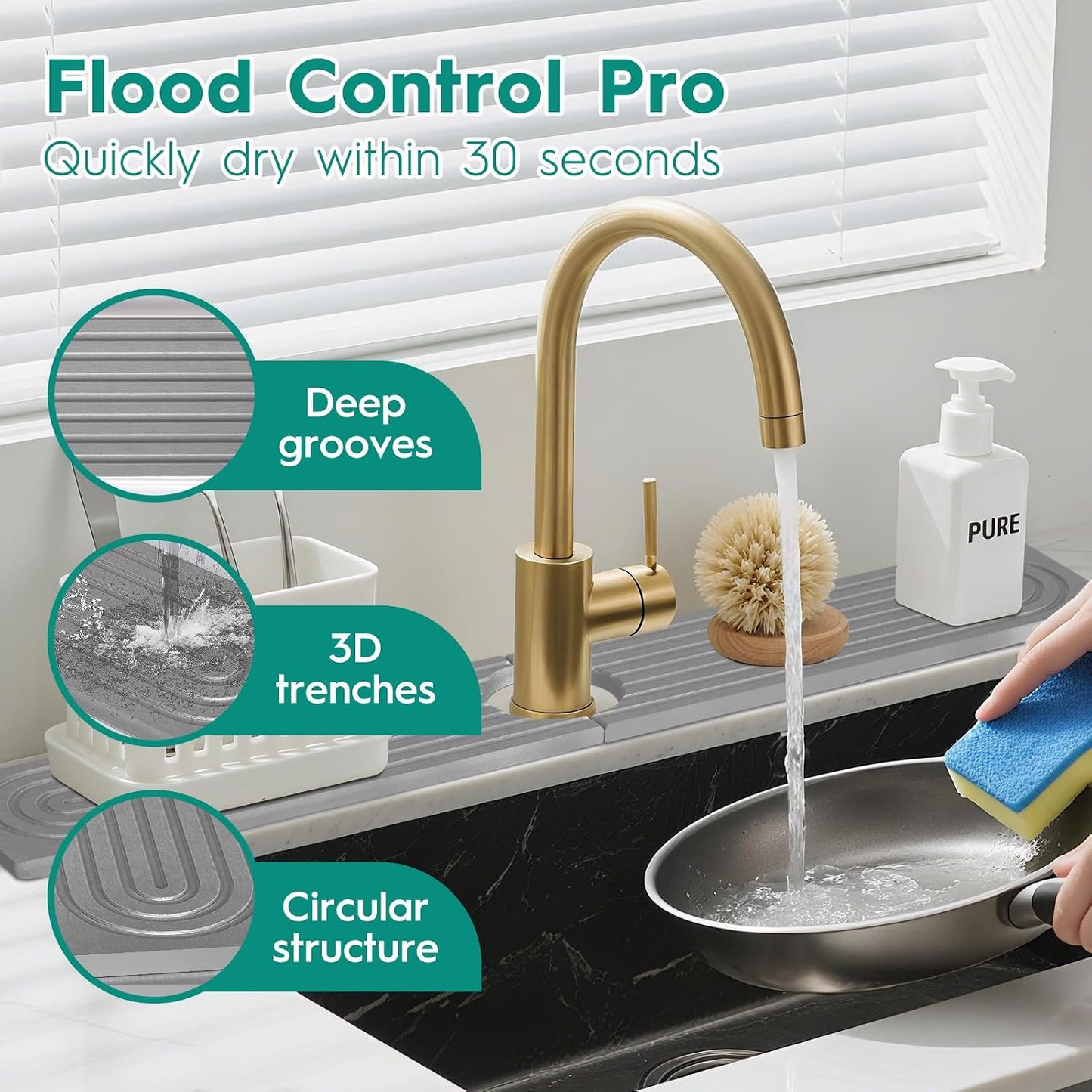 24 Inch Inch Stone Faucet Mat for Kitchen Sink, Dark Grey | Sink Splash Guard, Water Absorbing Stone Tray, Super Absorbent, Diatomite Drain Protector，for Kitchen Bathroom Counter