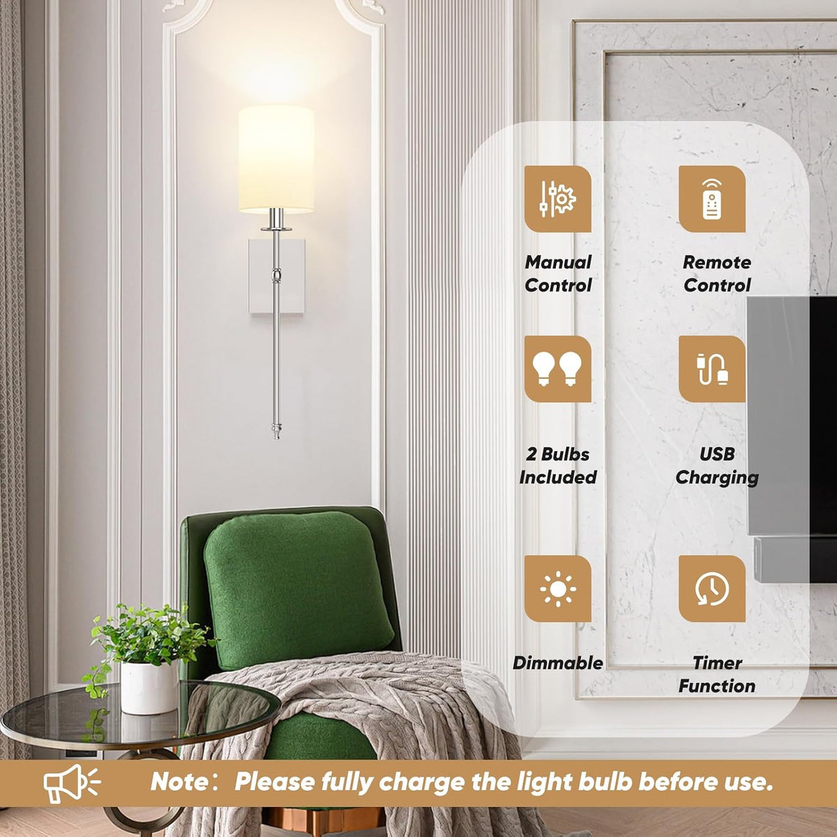 Battery Operated Wall Sconces Set of 2, Rechargeable Sconces with Remote