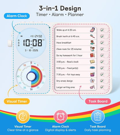 3-in-1 Visual Timer & ADHD Tool for Kids with Chore Chart & Planning Board