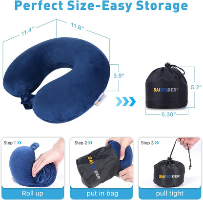 SAIREIDER Travel Pillow 100% Pure Memory Foam Travel Neck Pillow, Airplane Pillow for Traveling、Car、Home、Office，Washable Cover（Black）