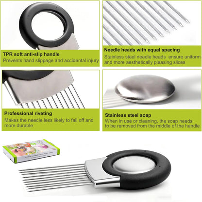 Onion Holder for Slicing, Onion Cutter with Stainless Steel soap Tomato Potato Slicer, Meat Tenderizer Tool, Convenient Grip Food Slicer Assistant, Food Slice Guide for Vegetable Fruit