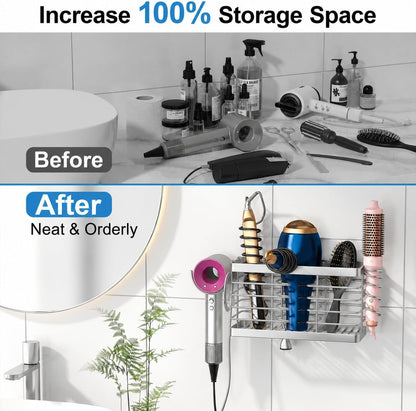 2026 Upgraded 3-in-1 Universal Hair Tool Organizer, XL Size, Black | Adjustable Height Metal Hair Dryer Holder, Wall Mounted, Over Cabinet Door, Countertop, Bathroom Storage