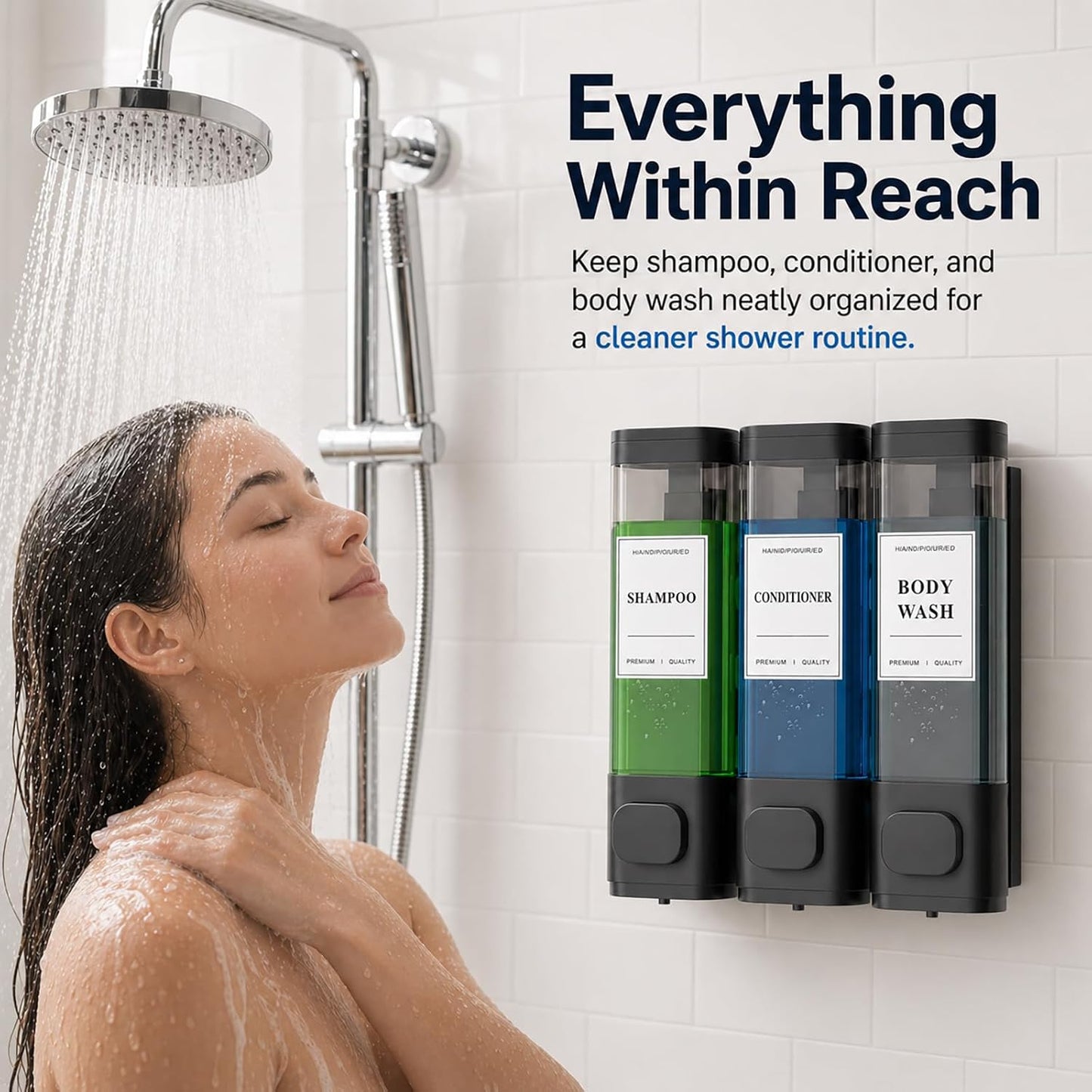 Shampoo and Conditioner Dispenser – Wall-Mounted Shower Soap Dispenser, No-Drill Installation, Lockable, 900 ml Capacity,for Bathroom & Hotel or Airbnb (Black, 3-Pack)