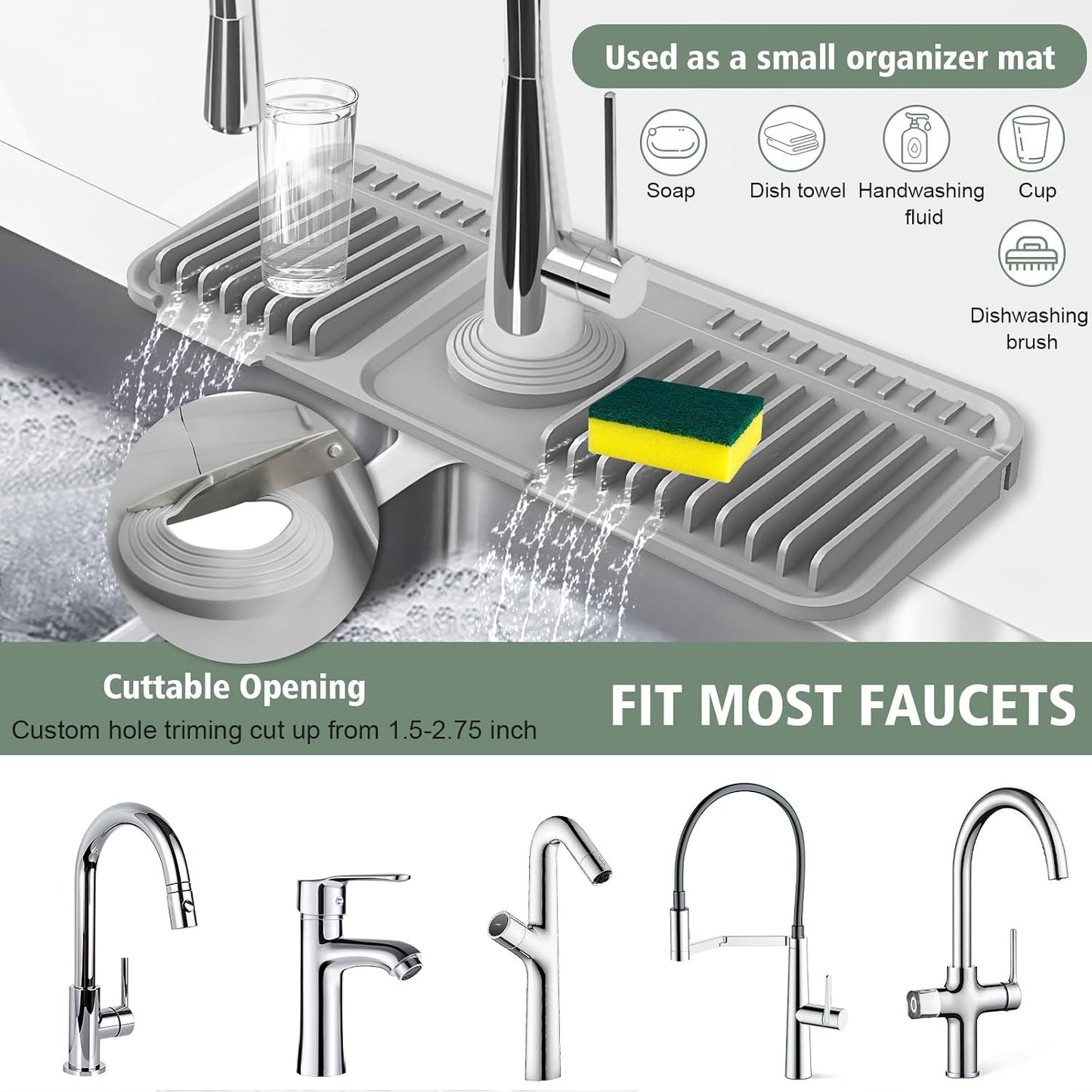 17.7-Inch Kitchen Sink Splash Guard Mat | 7° Slope for Fast Self-Draining | Snap-Lock Design | Universal & Cuttable Silicone Faucet Mat Gray