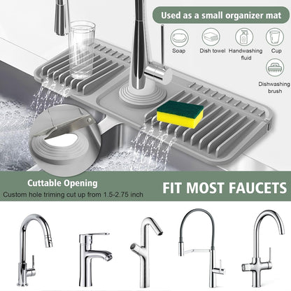 17.7-Inch Kitchen Sink Splash Guard Mat | 7° Slope for Fast Self-Draining | Snap-Lock Design | Universal & Cuttable Silicone Faucet Mat Gray