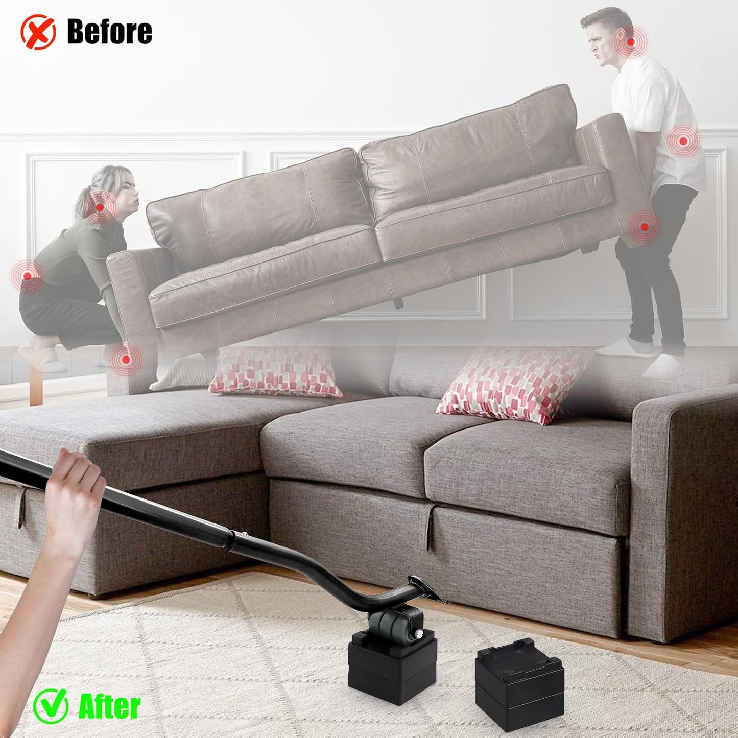 22" Furniture Lifter Tool, Appliance Metal Lifter for Heavy Furniture Grey | 1 Lifter Tool, 4 Raise Blocks, Movers, Sliders & Wheels to Move Sofa, Refrigerator, Washing Machine Easily & Safely