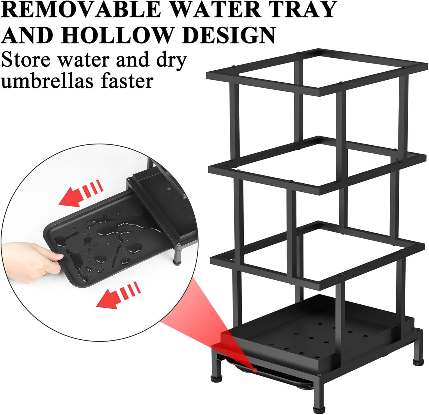 Alyoen Umbrella Holder for Entryway, Metal Umbrella Stand with Water Tray and Cane Holder, Adjustable Feet, 10.4 x 8.4 x 18.7 in, Suitable for Home, Office, and Shopping Mall (Black)