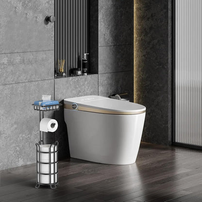 TomCare Toilet Paper Holder Free Standing with Shelf, Stable 4 Raised Feet | Stores 4 Mega Rolls, Tool-Free Assembly, Powder-Coated Metal Frame, Bathroom Storage Organizer for Spare Rolls, Silver