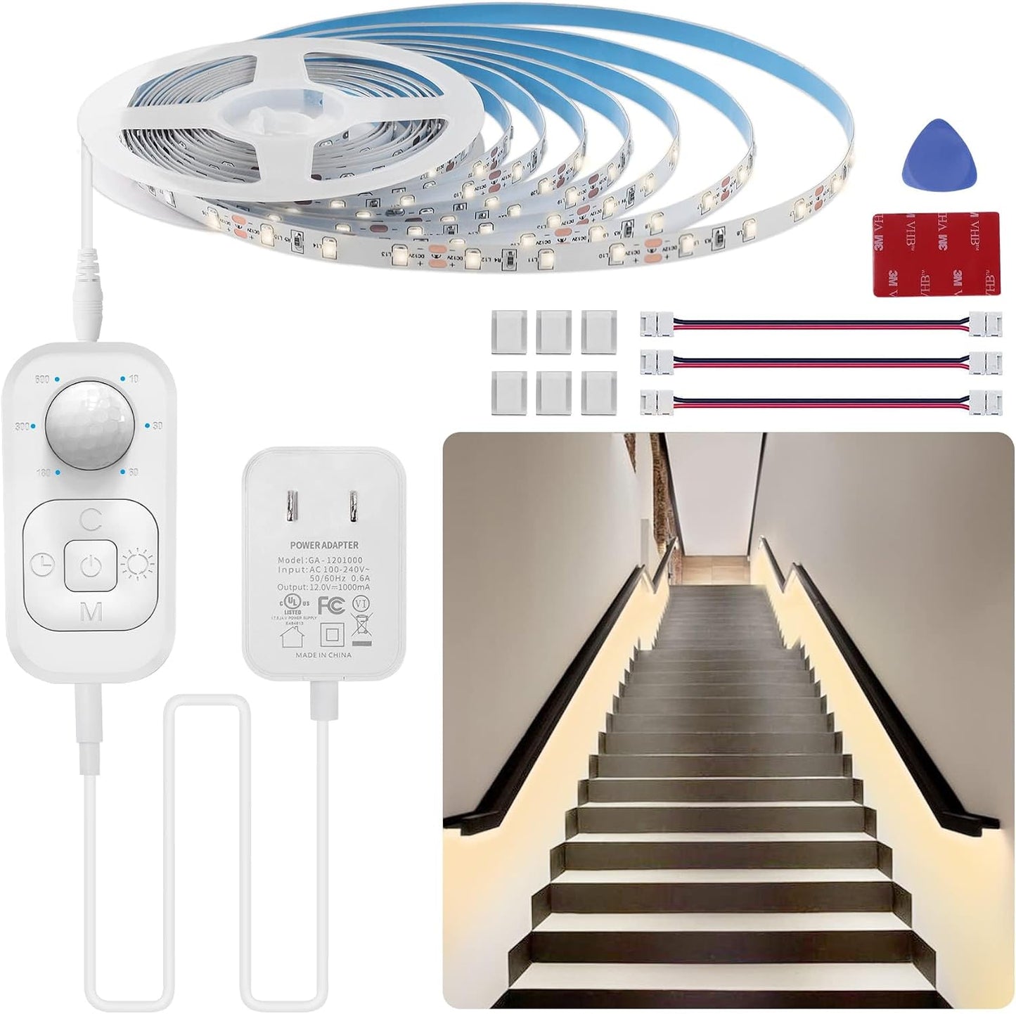 Motion Sensor Under Cabinet Lights - Plug-in LED Strip Lights Indoor with Power Adapter, Dimmer and Timer for Kitchen Cabinet, Counter, Shelf, Showcase, Stairway, Bedroom, Corridor, Washroom