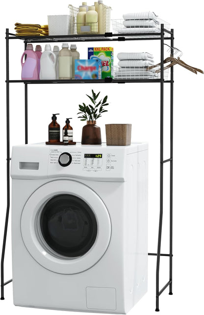 Laundry Room Storage Shelf & Organizer, 2 Tier Metal Over Washer and Dryer Shelves, Washing Machine Shelf with Hanger Rod, Expandable Bathroom Space Saver Shelf, 26–37" L x 15.8" W x 59.5" H, Black