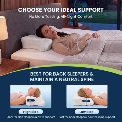 Sweetcrispy Cervical Pillow for Neck and Shoulder - Ergonomic Memory Foam Pillows, Contour Side Sleeper for Adults, Cooling Orthopedic Neck Support for Back Stomach Sleepers, White