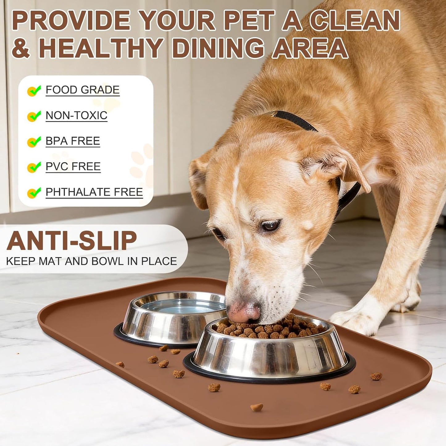 SMILOOL Waterproof Silicone Pet Food Mat with Raised Edge for Dog & Cat | 19" x 12" Non-Slip Pet Feeding Mats with Lip for Food & Water Bowl, Food Grade, Easy Cleaning, Black