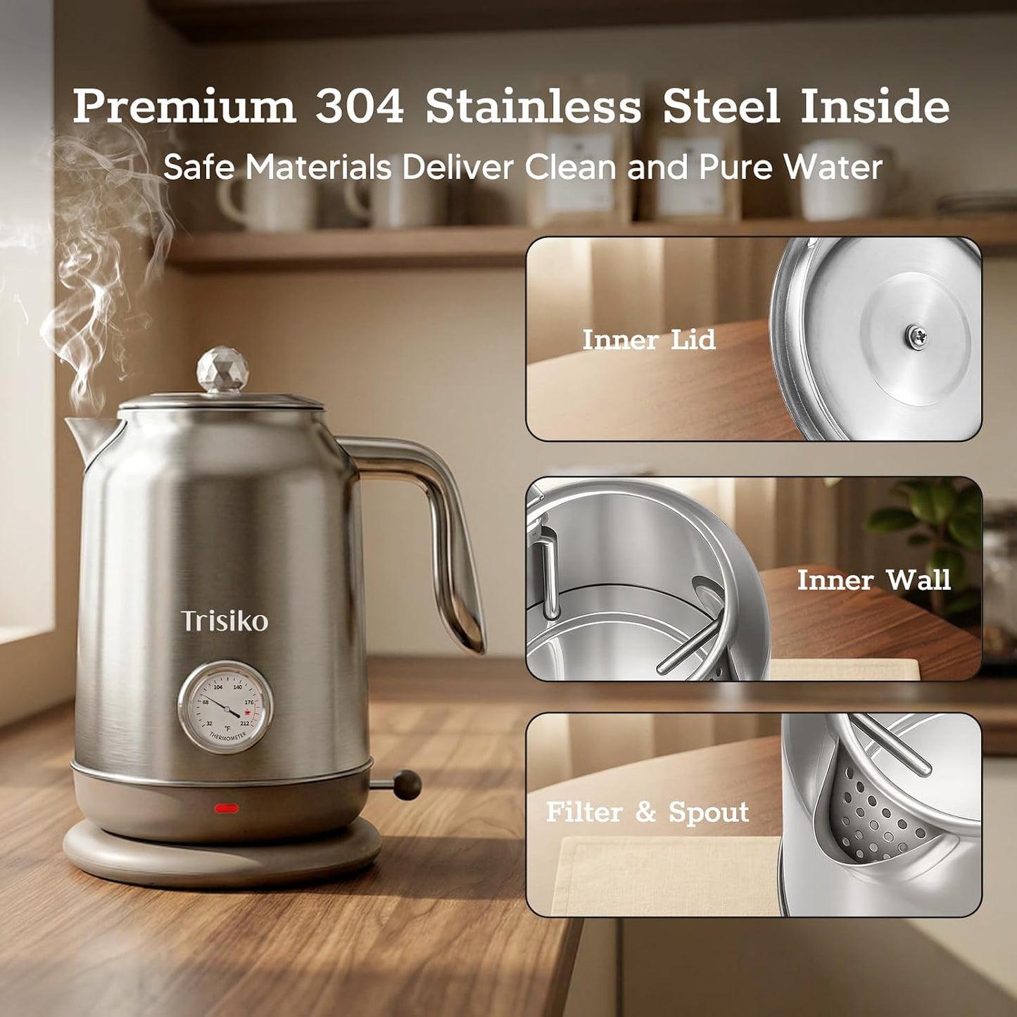 Electric Kettle with Thermometer, 1.7L / 57 oz White Electric Tea Kettle, 1200W Hot Water Kettle with Auto Shutoff, Boil-Dry Protection, 360-degree Cordless Base for Coffee and Tea