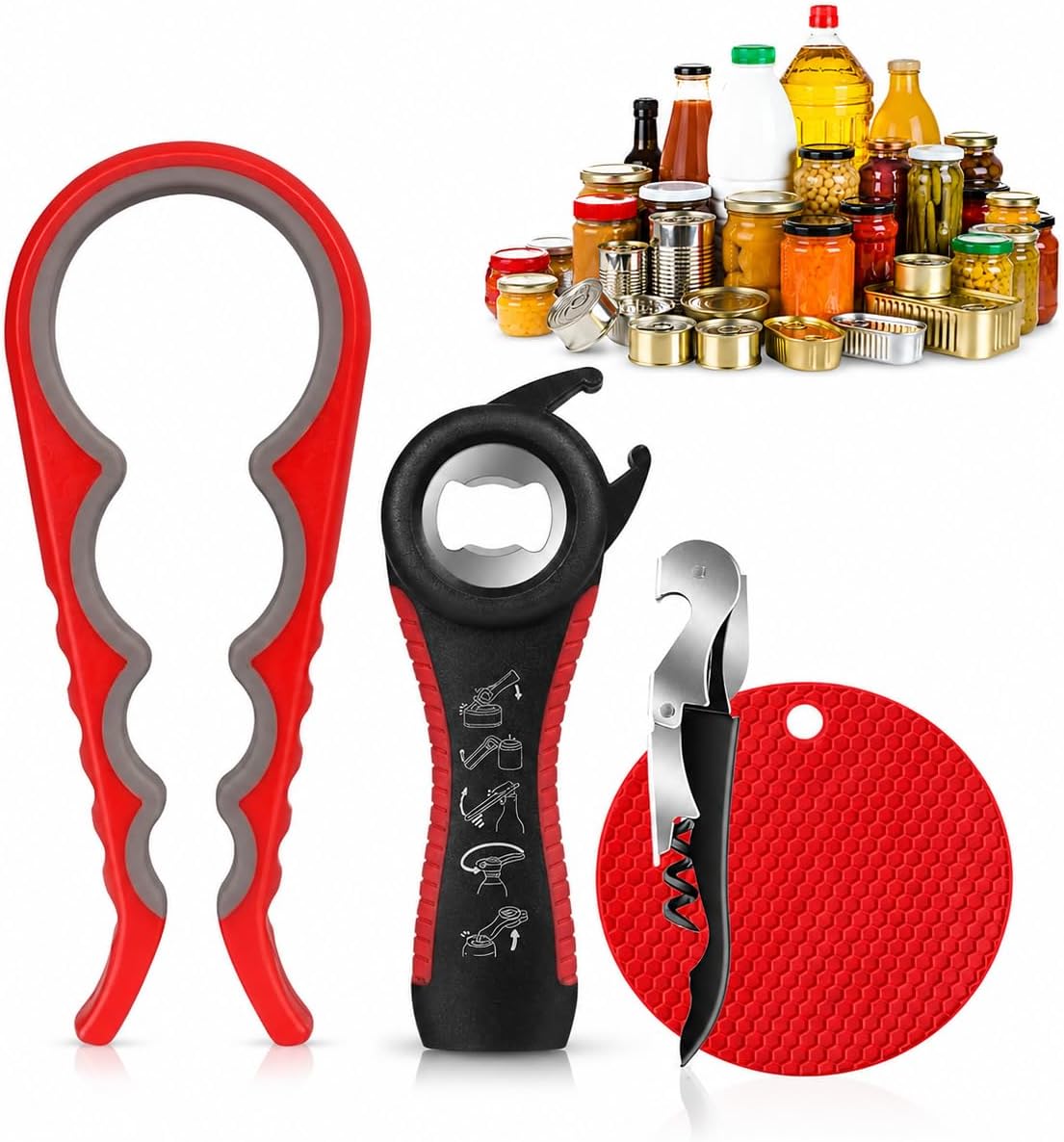 Jar Opener Bottle Opener for Weak Hands, Seniors with Arthritis 4PC-Set - Jar Lid, Can & Water Bottle Opener, Corkscrew Wine Opener, Non-Slip Rubber Jar Opener & Gripper Pad - Gifts for Parents