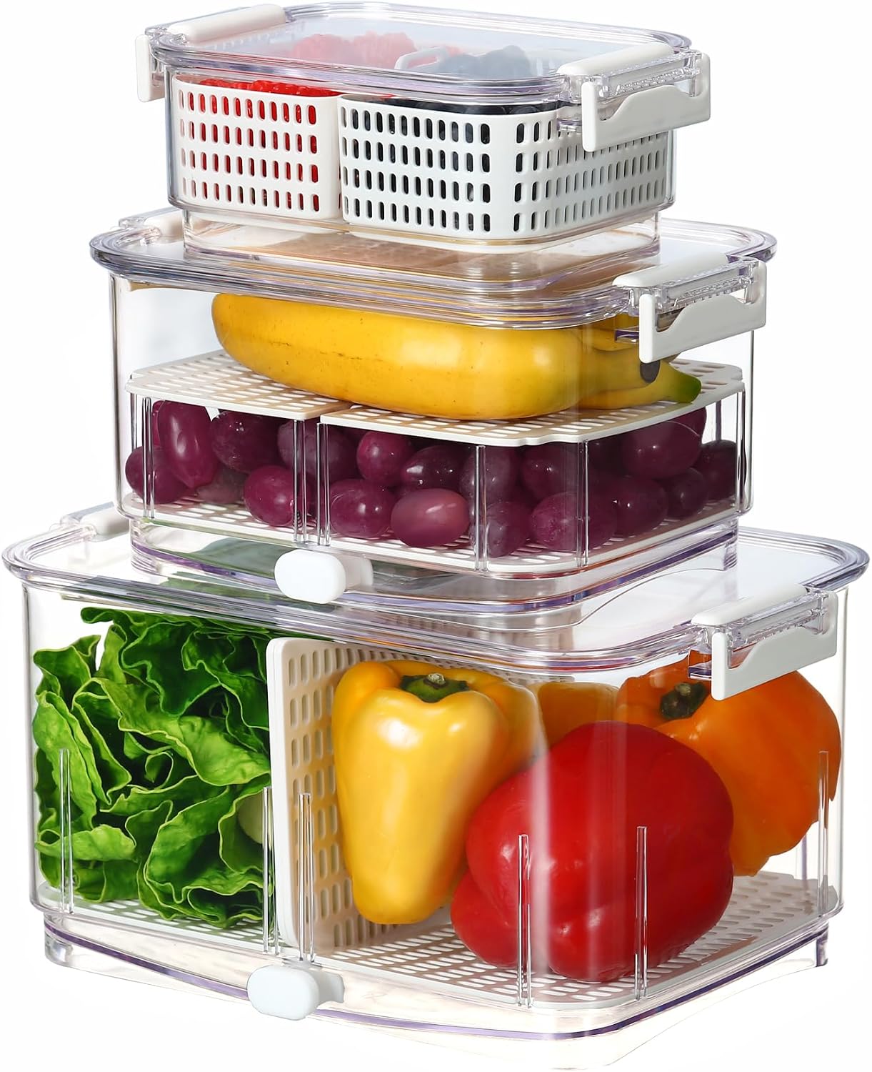 Felli Duo Fresh Produce Saver for Fridge, Fruit Vegetable Container with Vent & Drainage in Bottom for Wash, Colander Strainer Storage Bin for Refrigerator, Berry Lettuce Keeper