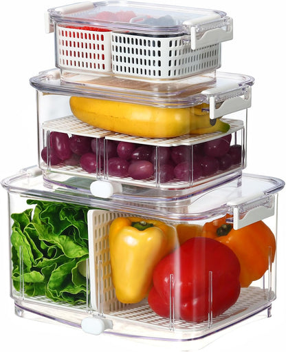 Felli Duo Fresh Produce Saver for Fridge, Fruit Vegetable Container with Vent & Drainage in Bottom for Wash, Colander Strainer Storage Bin for Refrigerator, Berry Lettuce Keeper