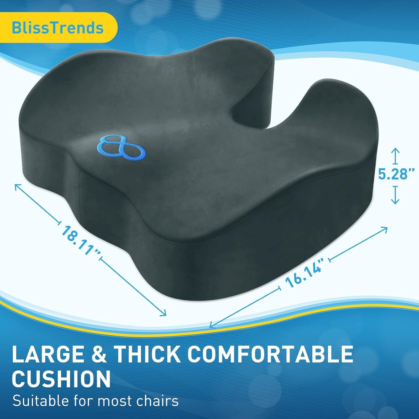BlissTrends Memory Foam Seat Cushion for Office Chair & Car Seat, Black | 4.7in Ergonomic Tailbone & Sciatica Support with Removable Velvet Cover for Pressure Relief and Long Sitting Comfort