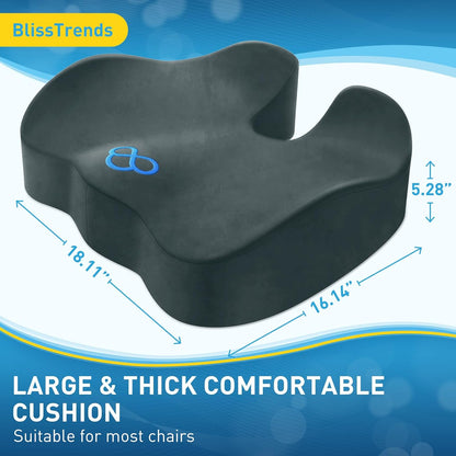 BlissTrends Memory Foam Seat Cushion for Office Chair & Car Seat, Black | 4.7in Ergonomic Tailbone & Sciatica Support with Removable Velvet Cover for Pressure Relief and Long Sitting Comfort