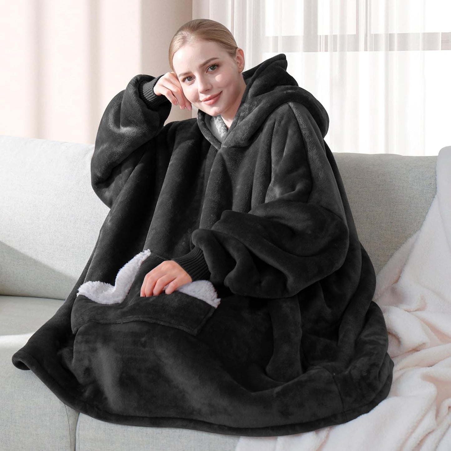 Wearable Blanket Hoodie, Oversized Sherpa Fleece Sweatshirt Blanket with Giant Hood Pocket and Sleeves for Adult, Warm & Cozy Grey Blanket Gifts for Women