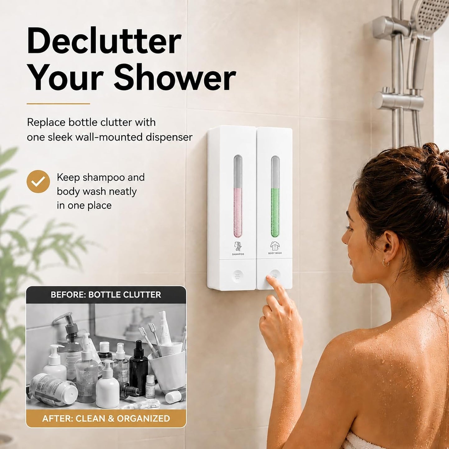 Shampoo and Conditioner Dispenser - Wall-Mounted 3-Chamber Shower Soap Dispenser, No-Drill, 1200ML Capacity, for Bathroom & Hotel