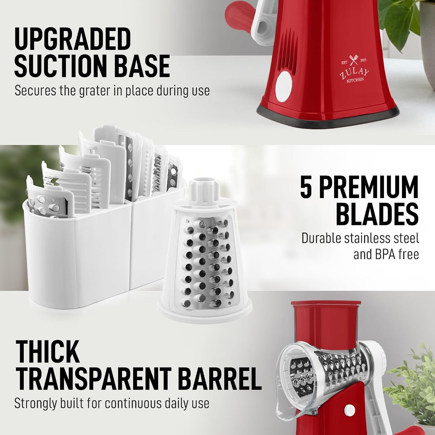 Zulay Kitchen Rotary Cheese Grater 5 Blade Cheese Shredder - Manual Hand Crank Cheese Grater With Reinforced Suction & 5 Interchangeable Drums - Easy to Use, Vegetable Chopper Round Mandoline Slicer - Colors A