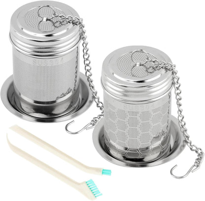 2 Pack Tea Infuser, Extra Fine Mesh Tea Steeper with Extended Chain S Hook and 2PCS Crevice Cleaning Brushes, 304 Stainless Steel Tea Strainers for Tea, Spices, Herbs & Seasonings