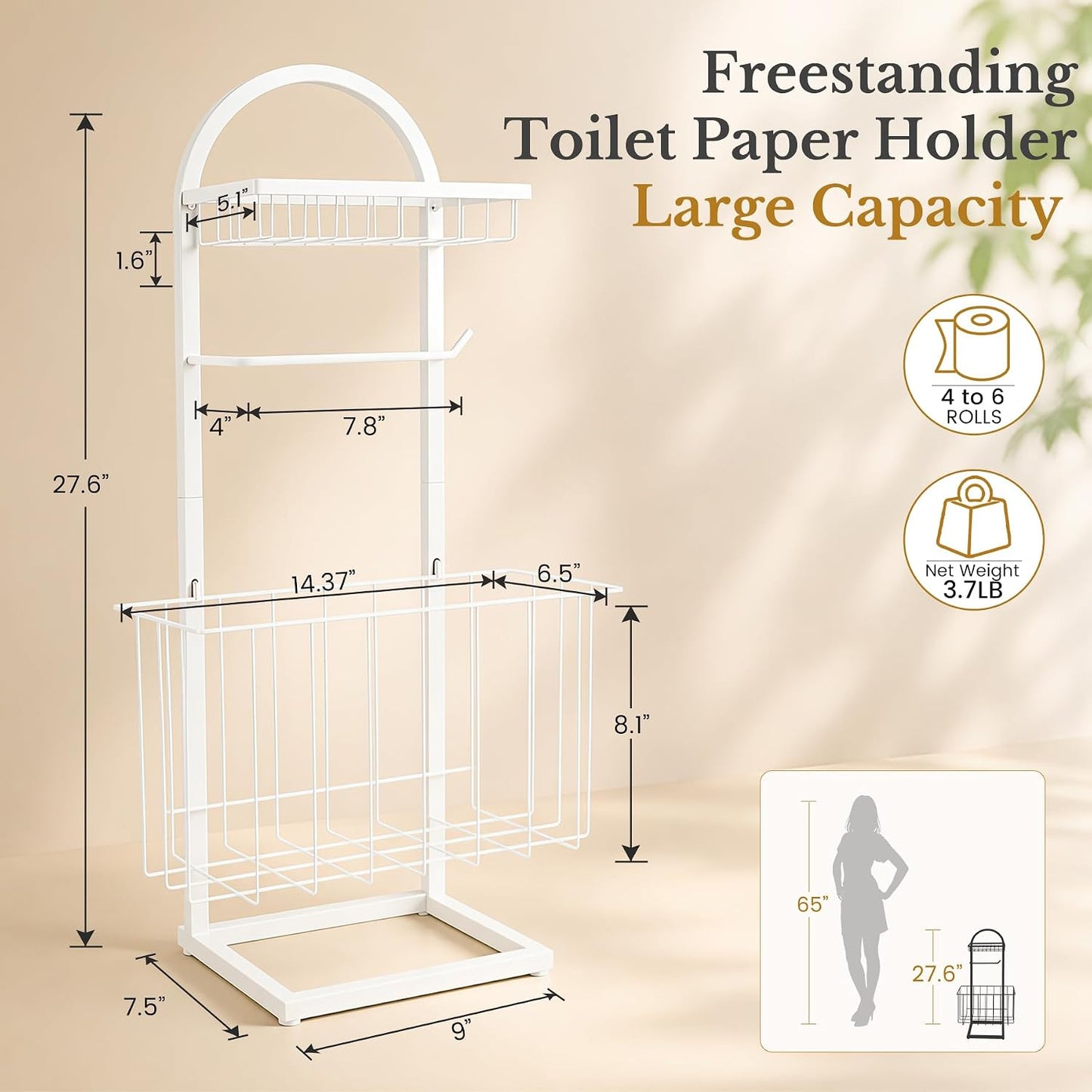 Toilet Paper Holder Stand Freestanding with Storage Basket for Bathroom | Freestanding Toilet Paper Stand for Bathroom,Heavy Duty Tissue Roll Holder Rack with Top Shelf for Organizer,black