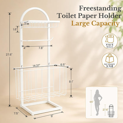 Toilet Paper Holder Stand Freestanding with Storage Basket for Bathroom | Freestanding Toilet Paper Stand for Bathroom,Heavy Duty Tissue Roll Holder Rack with Top Shelf for Organizer,black