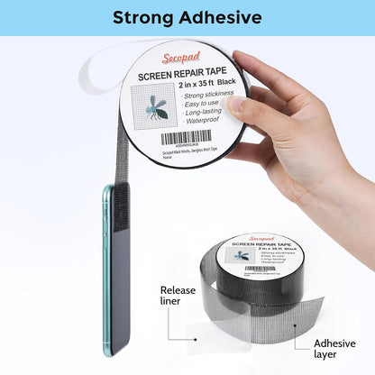 Secopad 2" x 420" (35FT) Screen Repair Tape, Screen Repair Kit, Black | Window Screen Patch, Quick Repair, Strong Adhesive, Easy to Use, For Mesh Window & Door, Cuttable Fiberglass, No Tools Needed