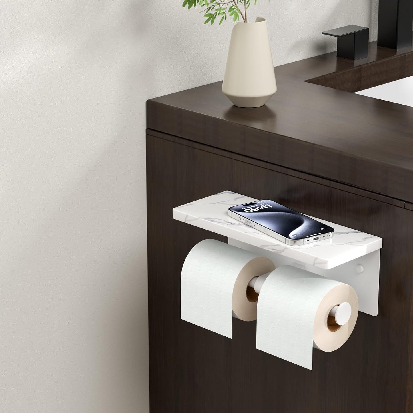 FORIOUS Toilet Paper Holder with Shelf, Natural Marble, Commercial | Brushed Nickel, Wall Mount 304 Stainless Steel Commercial Bathroom Tissue Roll Dispenser, Heavy Duty Washroom Paper Storage