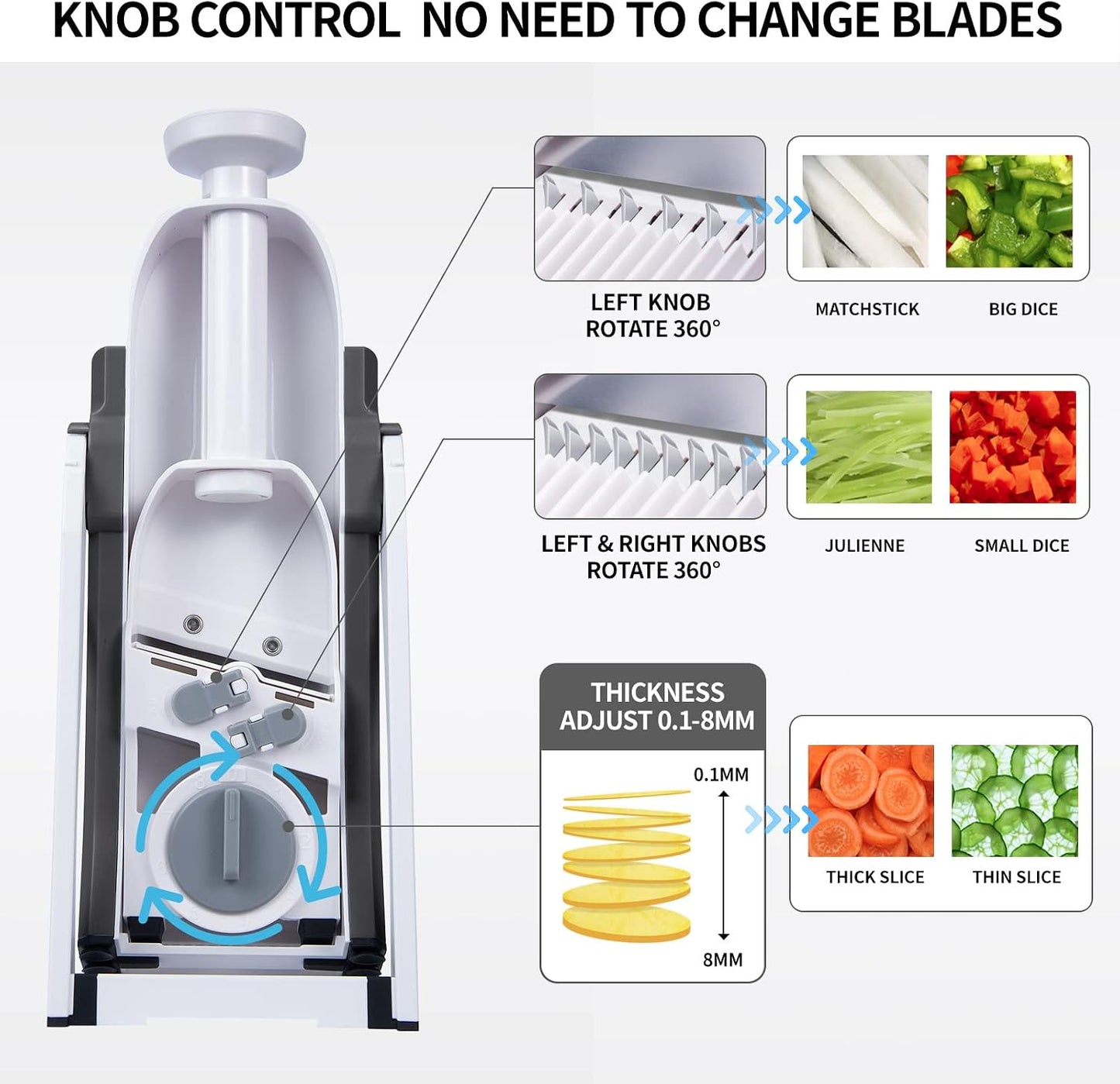 QYKIC Safe Mandoline Slicer Pro for Kitchen, Adjustable Chopper 6 in 1 | Potato Slicer Onion Chopper Fry Cutter Julienne Dicer Large Chute Stainless Steel Blades Detachable Dishwasher Safe Gifts