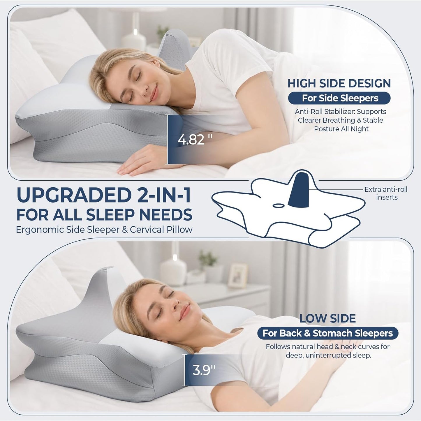 CPAP Pillow for Side Sleeping, 2-IN-1 Cervical Neck Pillow for Pain Relief, Cooling Memory Foam Pillows with Anti-Roll Support Pillar Ergonomic Orthopedic Pillows for Side Back & Stomach Sleepers