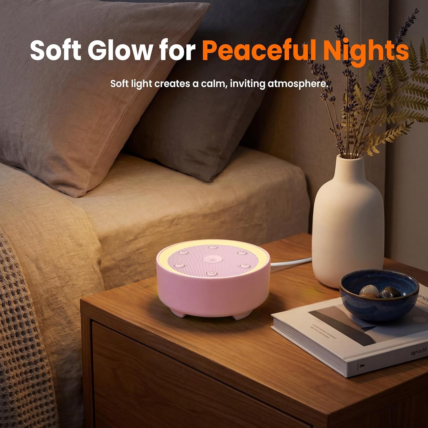 Kipcush White Noise Machine for Sleeping, Baby & Adults, High-Fidelity Non-Looping Sounds, Sleep Sound Machine with Dimmable Night Light, USB Powered, Memory Function, Home, Nursery & Travel
