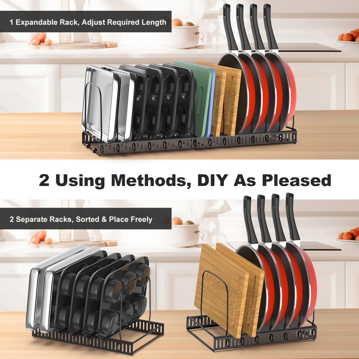 Housolution Cutting Board and Baking Tray Cookie Sheet Organizer, Black | 12"-23" Expandable, 14 Adjustable Dividers, Sturdy Metal Construction, Easy Assembly