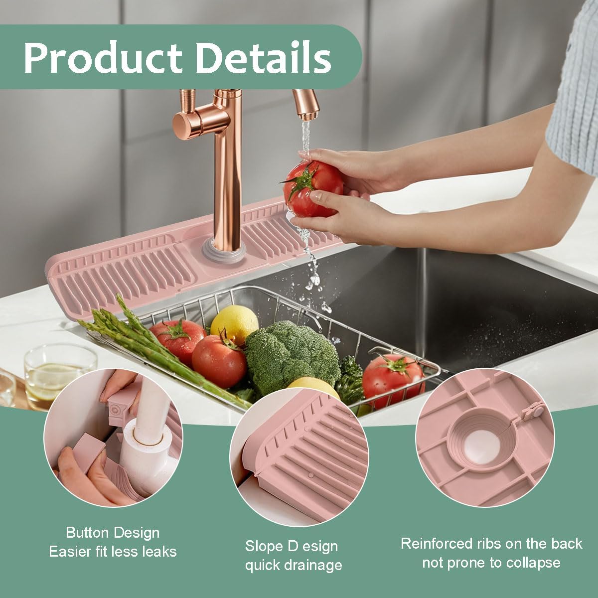 24 Inch Upgraded Draining Mat Folding faucet Mat for Bathroom Sink Splash Guard 7° Slope with Button Lock Water Draining Pad for Kitchen Bathroom Bar(Pink)