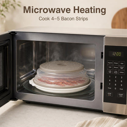 ONEMORE Microwave Bacon Cooker, Ceramic Bacon Tray with Splatter Cover | Meat Rack for Oven Cooking Crispy Bacon Maker with Collapsible Lid - 13 inch Round Bacon Dish Plate, Dishwasher Safe, White