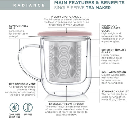 Teabloom Tea-For-One Steeping Mug – Insulated Double Wall Glass Mug (12 oz), Stainless Steel Infuser, Porcelain Lid/Coaster – Great For Brewing Loose Leaf Tea