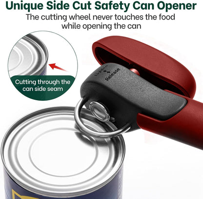 Beneno Side Cut Manual Can Opener, Smooth Cut with No Sharp Edges, Red | Premium Sharp DC53 Steel Blade, Soft Non-Slip Grip & Effortless Easy-Turn Knob