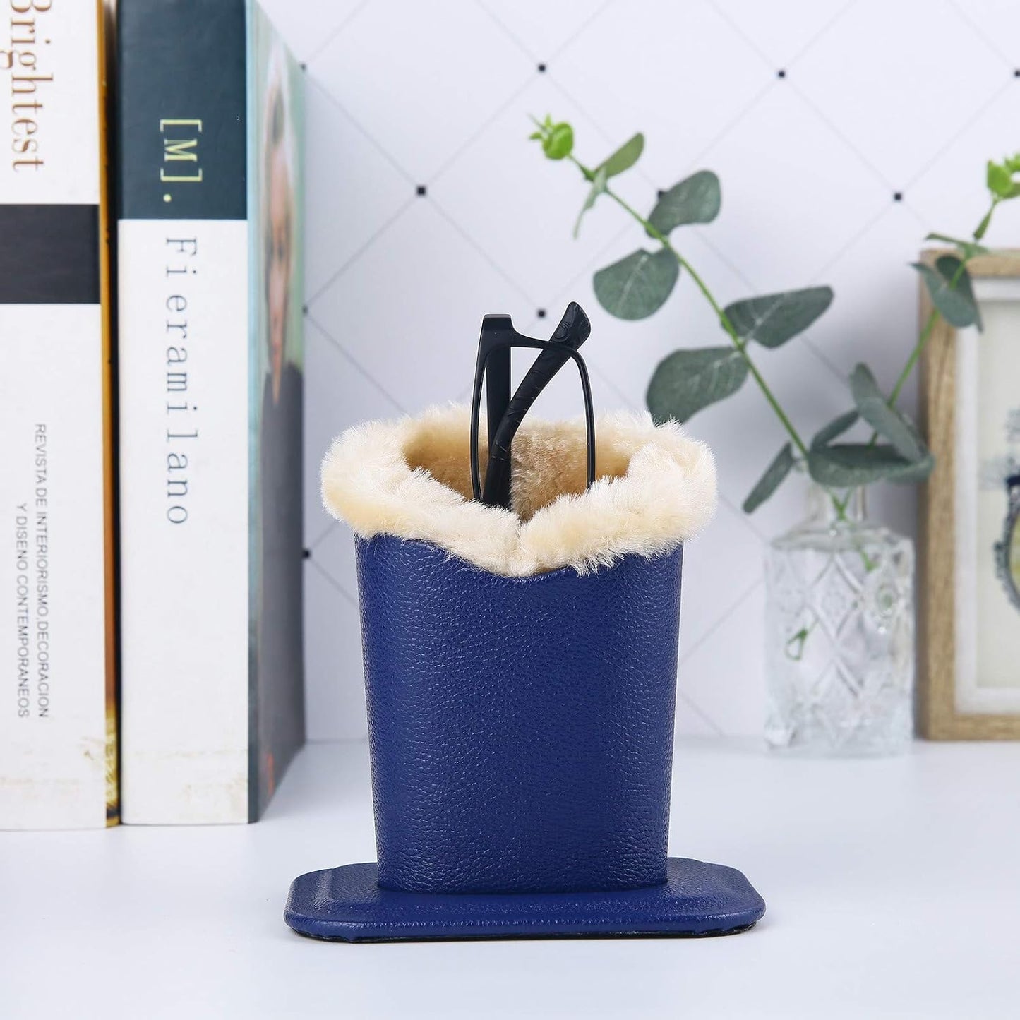 Siveit Plush Lined Eyeglass Holder, PU Leather Eyeglass Case, Anti-Scratch Glasses Storage Organizer for Desk Office Nightstand,2 Packs (Black, Navy)