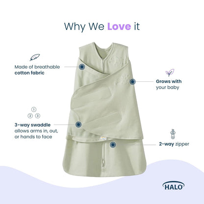 HALO 100% Cotton Sleepsack Swaddle, 3-Way Adjustable Wearable Blanket, TOG 1.5, Birds, Newborn, 0-3 Months - Colors A